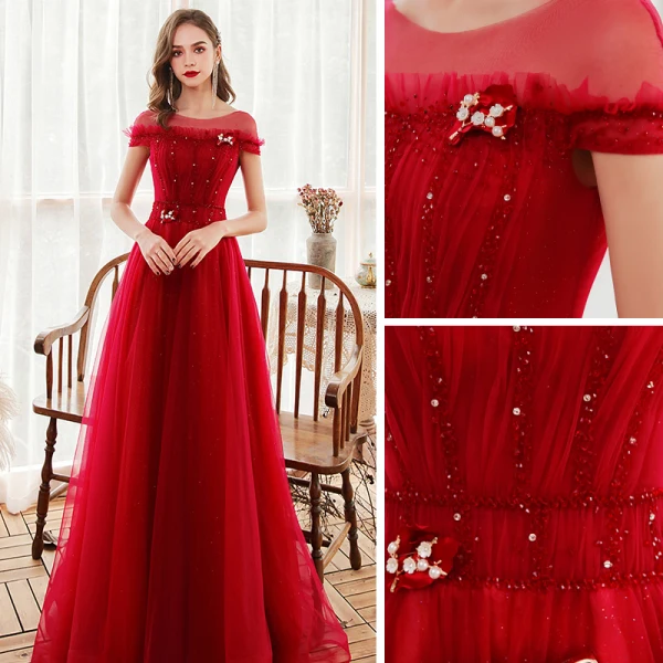 Chic / Belle Rouge Robe De Soirée 2020 Princesse Transparentes Encolure Dégagée Manches Courtes Perlage Glitter Tulle Train De Balayage Dos Nu Robe De Ceremonie