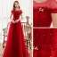 Chic / Belle Rouge Robe De Soirée 2020 Princesse Transparentes Encolure Dégagée Manches Courtes Perlage Glitter Tulle Train De Balayage Dos Nu Robe De Ceremonie