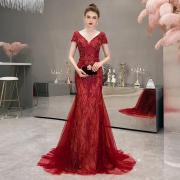 High End Red Evening Dresses 2020 Trumpet Mermaid Deep V Neck Short Sleeve Handmade Beading Sweep Train Backless Formal Dresses