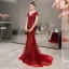 Haut de Gamme Rouge Robe De Soirée 2020 Trompette / Sirène Col v profond Manches Courtes Fait main Perlage Train De Balayage Dos Nu Robe De Ceremonie