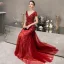 Haut de Gamme Rouge Robe De Soirée 2020 Trompette / Sirène Col v profond Manches Courtes Fait main Perlage Train De Balayage Dos Nu Robe De Ceremonie