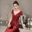 Haut de Gamme Rouge Robe De Soirée 2020 Trompette / Sirène Col v profond Manches Courtes Fait main Perlage Train De Balayage Dos Nu Robe De Ceremonie