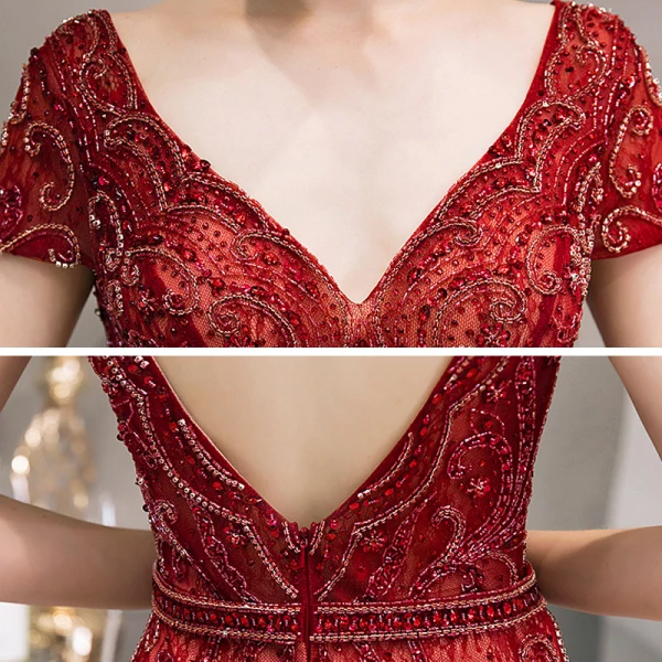 Haut de Gamme Rouge Robe De Soirée 2020 Trompette / Sirène Col v profond Manches Courtes Fait main Perlage Train De Balayage Dos Nu Robe De Ceremonie
