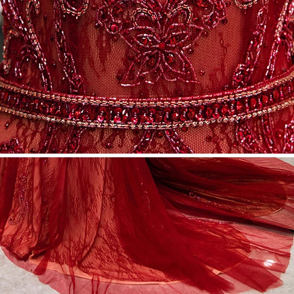 Haut de Gamme Rouge Robe De Soirée 2020 Trompette / Sirène Col v profond Manches Courtes Fait main Perlage Train De Balayage Dos Nu Robe De Ceremonie