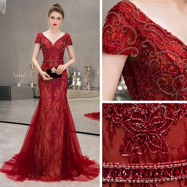 Haut de Gamme Rouge Robe De Soirée 2020 Trompette / Sirène Col v profond Manches Courtes Fait main Perlage Train De Balayage Dos Nu Robe De Ceremonie