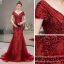Haut de Gamme Rouge Robe De Soirée 2020 Trompette / Sirène Col v profond Manches Courtes Fait main Perlage Train De Balayage Dos Nu Robe De Ceremonie