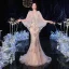 Luxe Champagne Robe De Soirée Avec Châle 2020 Trompette / Sirène Col v profond Sans Manches Fait main Perlage Train De Balayage Dos Nu Robe De Ceremonie