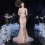Luxe Champagne Robe De Soirée Avec Châle 2020 Trompette / Sirène Col v profond Sans Manches Fait main Perlage Train De Balayage Dos Nu Robe De Ceremonie