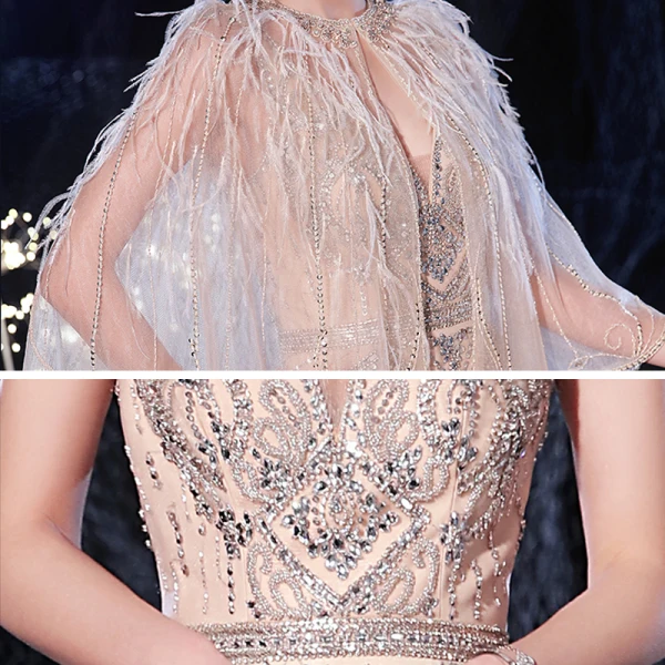 Luxe Champagne Robe De Soirée Avec Châle 2020 Trompette / Sirène Col v profond Sans Manches Fait main Perlage Train De Balayage Dos Nu Robe De Ceremonie