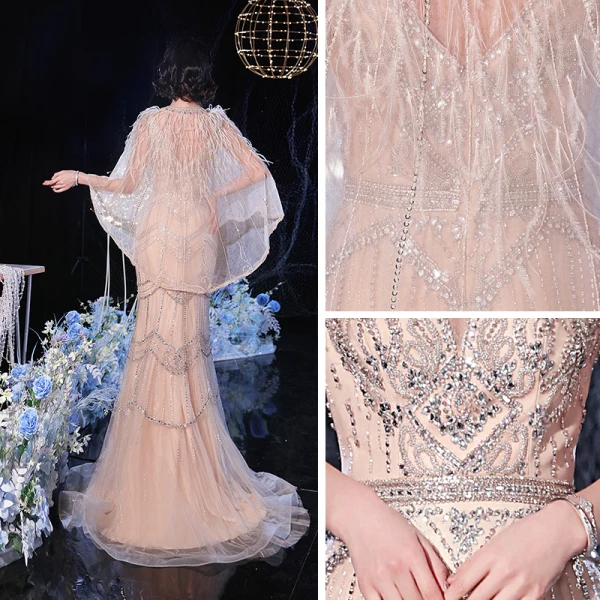 Luxe Champagne Robe De Soirée Avec Châle 2020 Trompette / Sirène Col v profond Sans Manches Fait main Perlage Train De Balayage Dos Nu Robe De Ceremonie