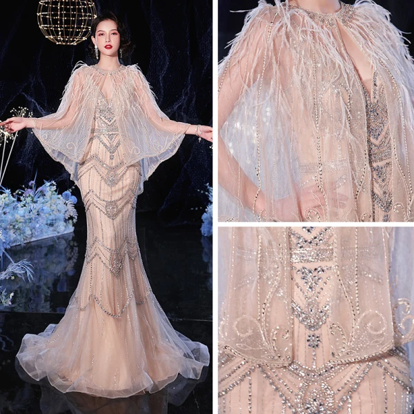 Luxe Champagne Robe De Soirée Avec Châle 2020 Trompette / Sirène Col v profond Sans Manches Fait main Perlage Train De Balayage Dos Nu Robe De Ceremonie