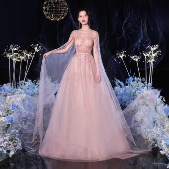 High End Champagne Gjennomsiktig Selskapskjoler 2020 Prinsesse Scoop Halsen Langermede Rhinestone Beading Feie Tog Buste Formelle Kjoler