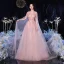 High-end Champagne See-through Evening Dresses  2020 A-Line / Princess Scoop Neck Long Sleeve Rhinestone Beading Sweep Train Ruffle Formal Dresses