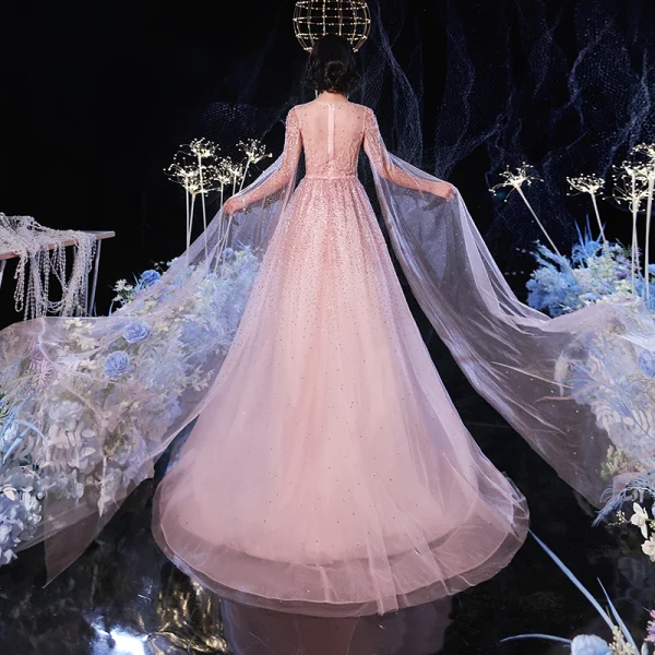 High-end Champagne See-through Evening Dresses 2020 A-Line / Princess Scoop Neck Long Sleeve Rhinestone Beading Sweep Train Ruffle Formal Dresses