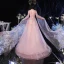 High-end Champagne See-through Evening Dresses  2020 A-Line / Princess Scoop Neck Long Sleeve Rhinestone Beading Sweep Train Ruffle Formal Dresses