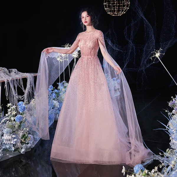 High-end Champagne See-through Evening Dresses 2020 A-Line / Princess Scoop Neck Long Sleeve Rhinestone Beading Sweep Train Ruffle Formal Dresses