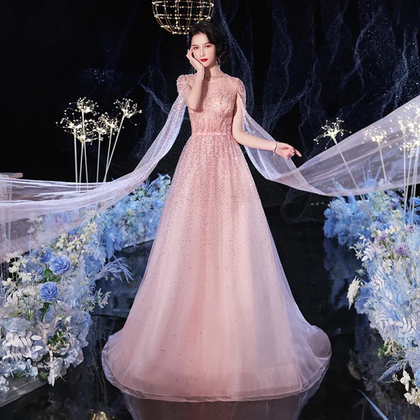 High-end Champagne See-through Evening Dresses 2020 A-Line / Princess Scoop Neck Long Sleeve Rhinestone Beading Sweep Train Ruffle Formal Dresses