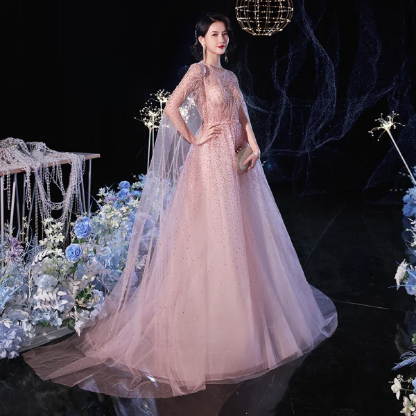 High-end Champagne See-through Evening Dresses 2020 A-Line / Princess Scoop Neck Long Sleeve Rhinestone Beading Sweep Train Ruffle Formal Dresses