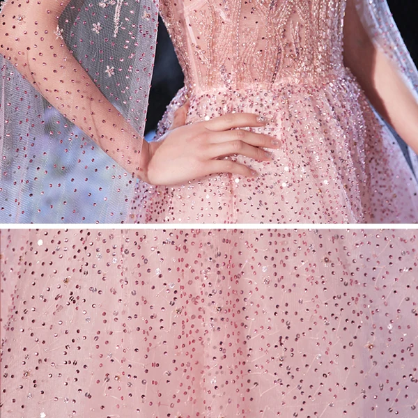 High-end Champagne See-through Evening Dresses 2020 A-Line / Princess Scoop Neck Long Sleeve Rhinestone Beading Sweep Train Ruffle Formal Dresses