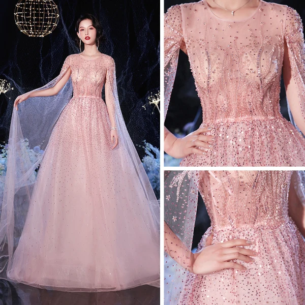 High-end Champagne See-through Evening Dresses 2020 A-Line / Princess Scoop Neck Long Sleeve Rhinestone Beading Sweep Train Ruffle Formal Dresses