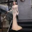Sexy Doré Robe De Soirée 2020 Trompette / Sirène Transparentes Col v profond Manches Courtes Fait main Perlage Train De Balayage Dos Nu Robe De Ceremonie