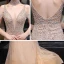 Sexy Doré Robe De Soirée 2020 Trompette / Sirène Transparentes Col v profond Manches Courtes Fait main Perlage Train De Balayage Dos Nu Robe De Ceremonie
