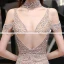 Sexy Doré Robe De Soirée 2020 Trompette / Sirène Transparentes Col v profond Manches Courtes Fait main Perlage Train De Balayage Dos Nu Robe De Ceremonie