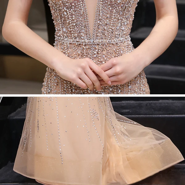 Sexy Doré Robe De Soirée 2020 Trompette / Sirène Transparentes Col v profond Manches Courtes Fait main Perlage Train De Balayage Dos Nu Robe De Ceremonie