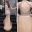 Sexy Doré Robe De Soirée 2020 Trompette / Sirène Transparentes Col v profond Manches Courtes Fait main Perlage Train De Balayage Dos Nu Robe De Ceremonie