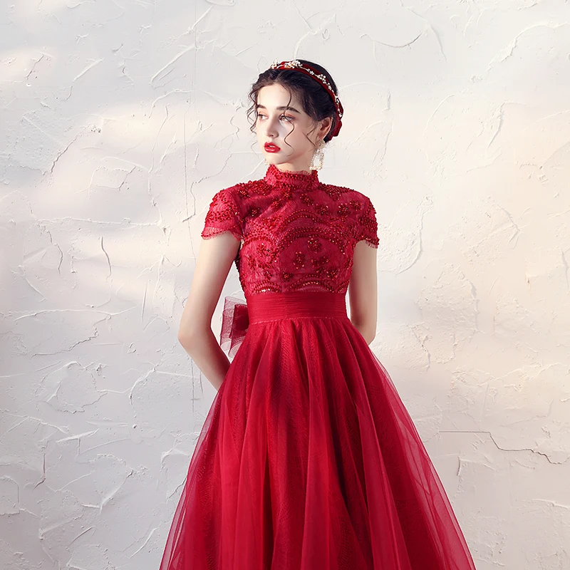fitted lace wedding dress Burgundy Satin Long A-Line Prom Dress, Cute Short Sleeve Graduation Dr