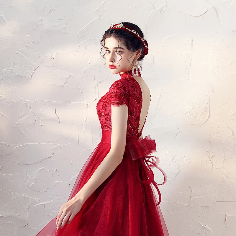 Vintage Retro Red Lace Homecoming Graduation Dresses 2020 A Line Princess  High Neck Short Sleeve Beading Tea Length Ruffle Backless Formal Dresses