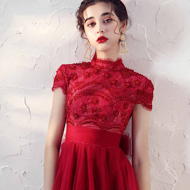 Vintage Retro Red Lace Homecoming Graduation Dresses 2020 A Line Princess  High Neck Short Sleeve Beading Tea Length Ruffle Backless Formal Dresses