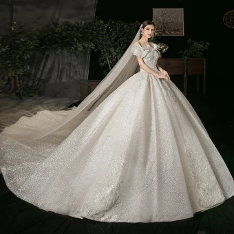 Elegant Champagne Bridal Wedding Dresses 2020 Ball Gown Off The Shoulder Short Sleeve Backless Appliques Lace Beading Glitter Tulle Cathedral Train Ruffle