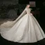 Elegant Champagne Bridal Wedding Dresses 2020 Ball Gown Off-The-Shoulder Short Sleeve Backless Appliques Lace Beading Glitter Tulle Cathedral Train Ruffle