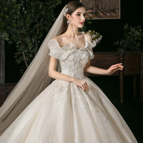 Elegant Champagne Bridal Wedding Dresses 2020 Ball Gown Off-The-Shoulder Short Sleeve Backless Appliques Lace Beading Glitter Tulle Cathedral Train Ruffle