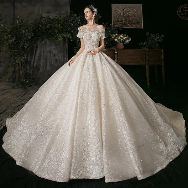 Elegant Champagne Bridal Wedding Dresses 2020 Ball Gown Off-The-Shoulder Short Sleeve Backless Appliques Lace Beading Glitter Tulle Cathedral Train Ruffle