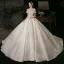 Elegant Champagne Bridal Wedding Dresses 2020 Ball Gown Off-The-Shoulder Short Sleeve Backless Appliques Lace Beading Glitter Tulle Cathedral Train Ruffle