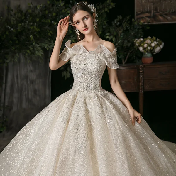 Elegant Champagne Bridal Wedding Dresses 2020 Ball Gown Off-The-Shoulder Short Sleeve Backless Appliques Lace Beading Glitter Tulle Cathedral Train Ruffle