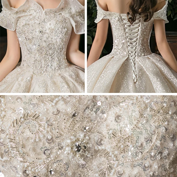 Elegant Champagne Bridal Wedding Dresses 2020 Ball Gown Off-The-Shoulder Short Sleeve Backless Appliques Lace Beading Glitter Tulle Cathedral Train Ruffle