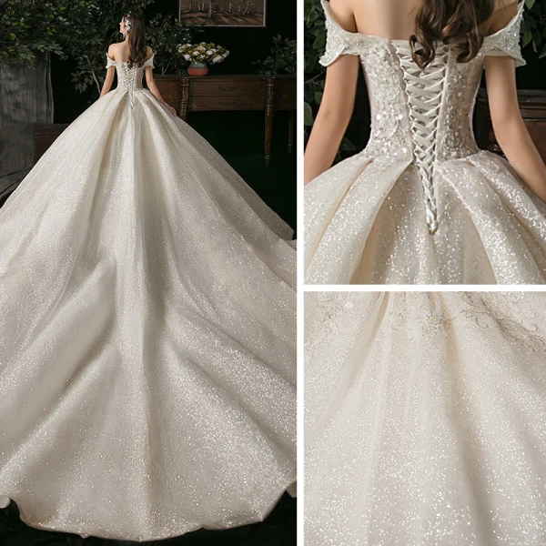 Elegant Champagne Bridal Wedding Dresses 2020 Ball Gown Off-The-Shoulder Short Sleeve Backless Appliques Lace Beading Glitter Tulle Cathedral Train Ruffle