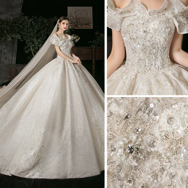Elegant Champagne Bridal Wedding Dresses 2020 Ball Gown Off-The-Shoulder Short Sleeve Backless Appliques Lace Beading Glitter Tulle Cathedral Train Ruffle