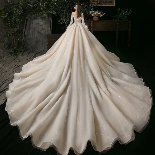 Beste Champagner Durchsichtige Hochzeits Brautkleider / Hochzeitskleider 2020 Ballkleid Rundhalsausschnitt Lange Ärmel Feder Rückenfreies Pailletten Perlenstickerei Glanz Tülle Kathedrale Schleppe Rüschen