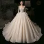 Beste Champagner Durchsichtige Hochzeits Brautkleider / Hochzeitskleider 2020 Ballkleid Rundhalsausschnitt Lange Ärmel Feder Rückenfreies Pailletten Perlenstickerei Glanz Tülle Kathedrale Schleppe Rüschen