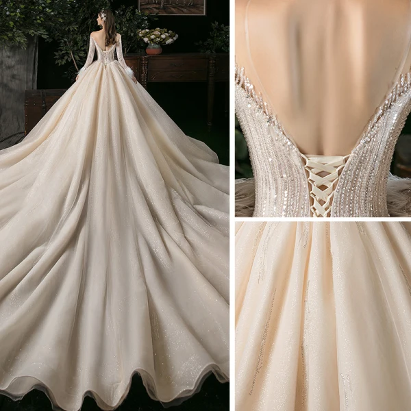 Beste Champagner Durchsichtige Hochzeits Brautkleider / Hochzeitskleider 2020 Ballkleid Rundhalsausschnitt Lange Ärmel Feder Rückenfreies Pailletten Perlenstickerei Glanz Tülle Kathedrale Schleppe Rüschen