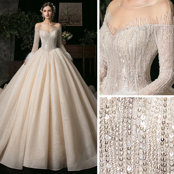 Beste Champagner Durchsichtige Hochzeits Brautkleider / Hochzeitskleider 2020 Ballkleid Rundhalsausschnitt Lange Ärmel Feder Rückenfreies Pailletten Perlenstickerei Glanz Tülle Kathedrale Schleppe Rüschen