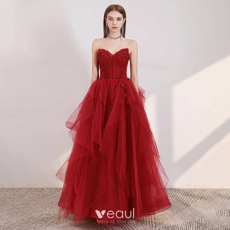Elegant Red Prom Dresses 2020 A Line Princess Sweetheart Sleeveless Appliques Flower Beading Glitter Tulle Floor Length Long Ruffle Backless Formal Dresses