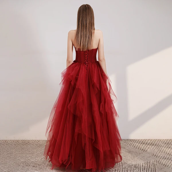 Elegant Rød Ballkjoler 2020 Prinsesse Kjæreste Uten Ermer Appliques Blomst Beading Glitter Tyll Lange Buste Ryggløse Formelle Kjoler