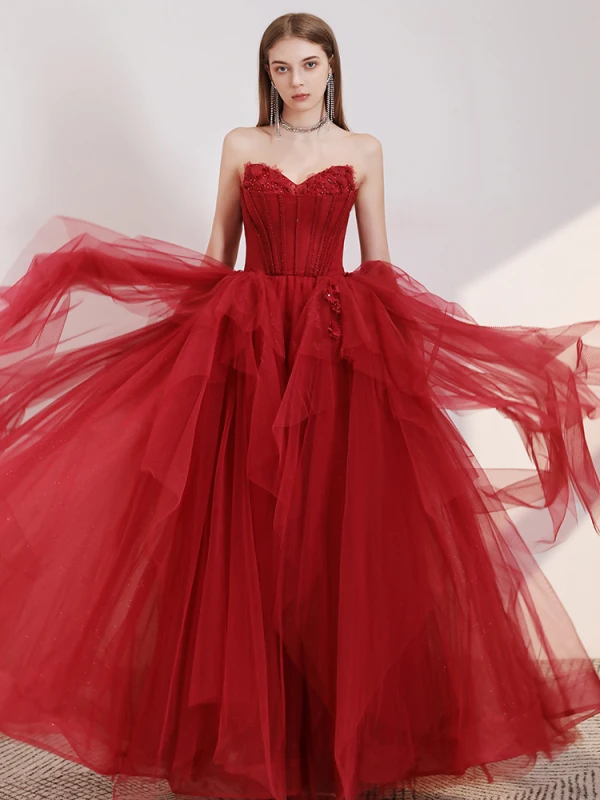 Elegant Rød Ballkjoler 2020 Prinsesse Kjæreste Uten Ermer Appliques Blomst Beading Glitter Tyll Lange Buste Ryggløse Formelle Kjoler
