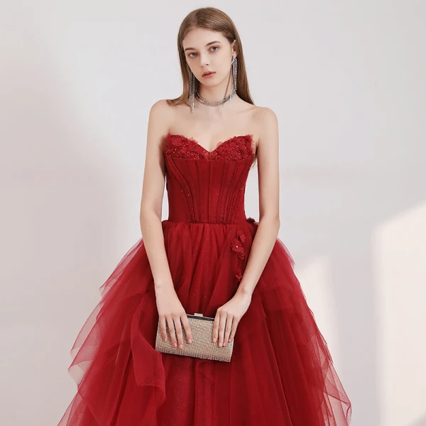 Elegant Rød Ballkjoler 2020 Prinsesse Kjæreste Uten Ermer Appliques Blomst Beading Glitter Tyll Lange Buste Ryggløse Formelle Kjoler