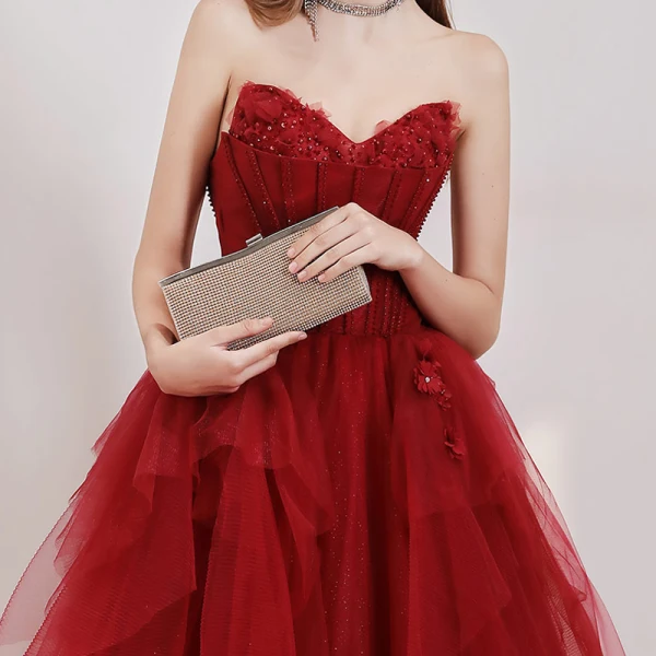 Elegant Rød Ballkjoler 2020 Prinsesse Kjæreste Uten Ermer Appliques Blomst Beading Glitter Tyll Lange Buste Ryggløse Formelle Kjoler
